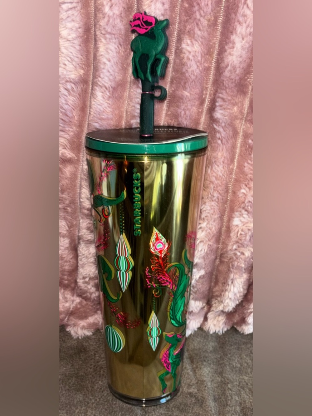 Starbucks Metallic Gold Tumbler with Green Lid and Pink Accents